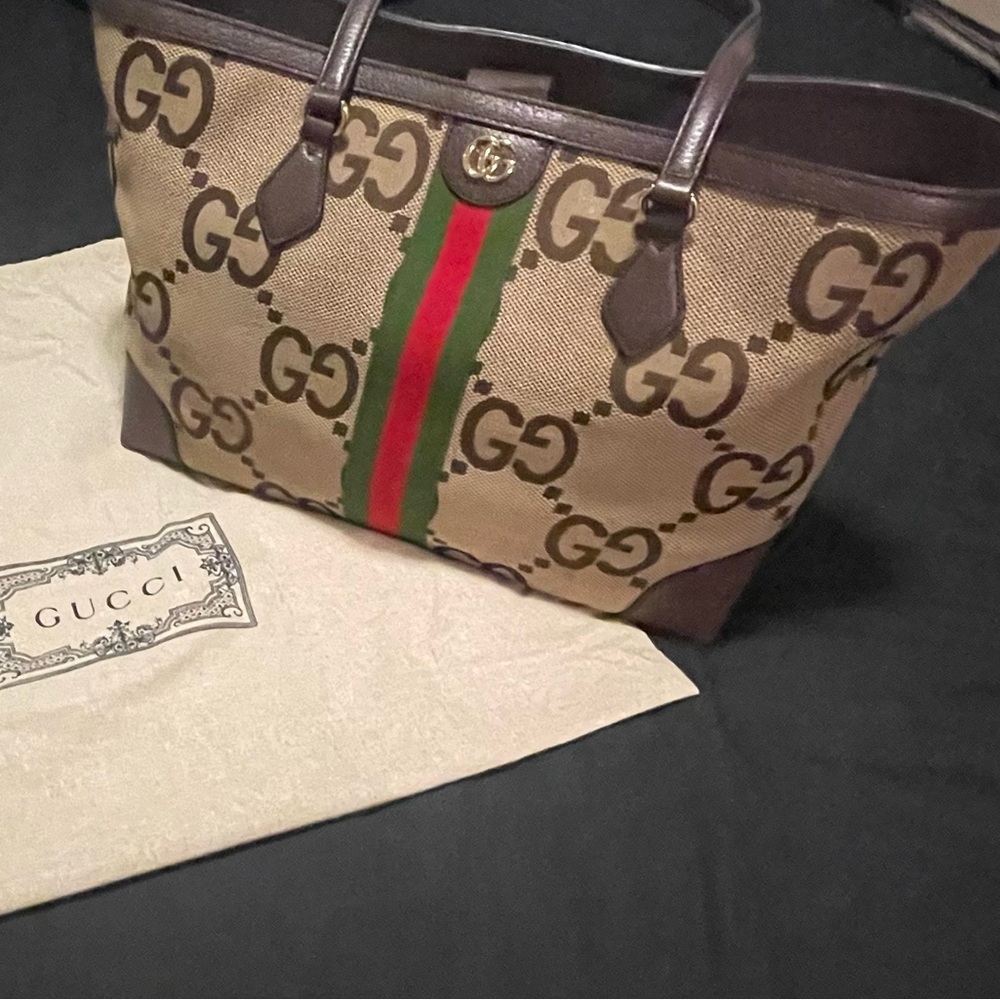 Gucci Tan and Brown GG Tote with Red and Green Stripe